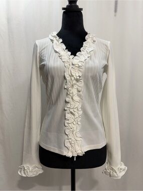 Vintage Caché White Ribbed Ruffle V-Neck Blouse Y2K Long Sleeve Top 1760